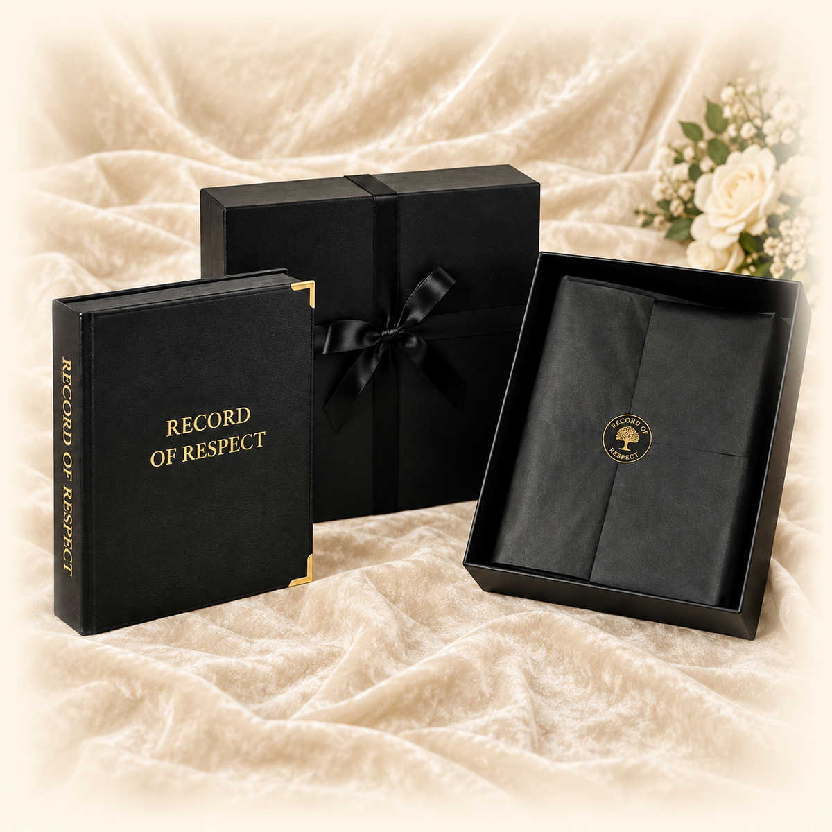 Record of Respect black leatherette album with gold corners beside its open keepsake gift box tied with black ribbon, with white roses