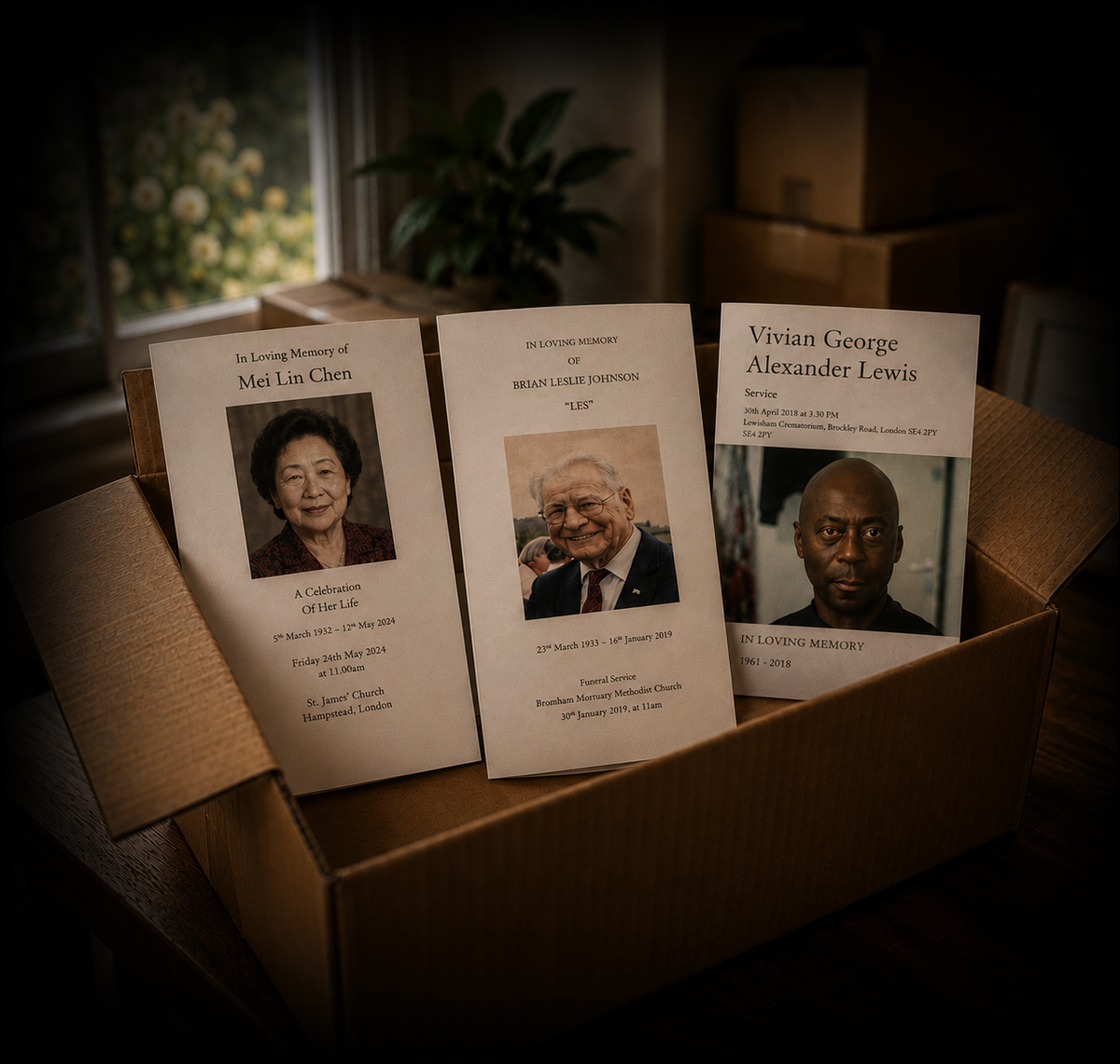 Order of Service booklets and memorial cards standing upright inside an open cardboard box on a wooden table, beside a sunlit window