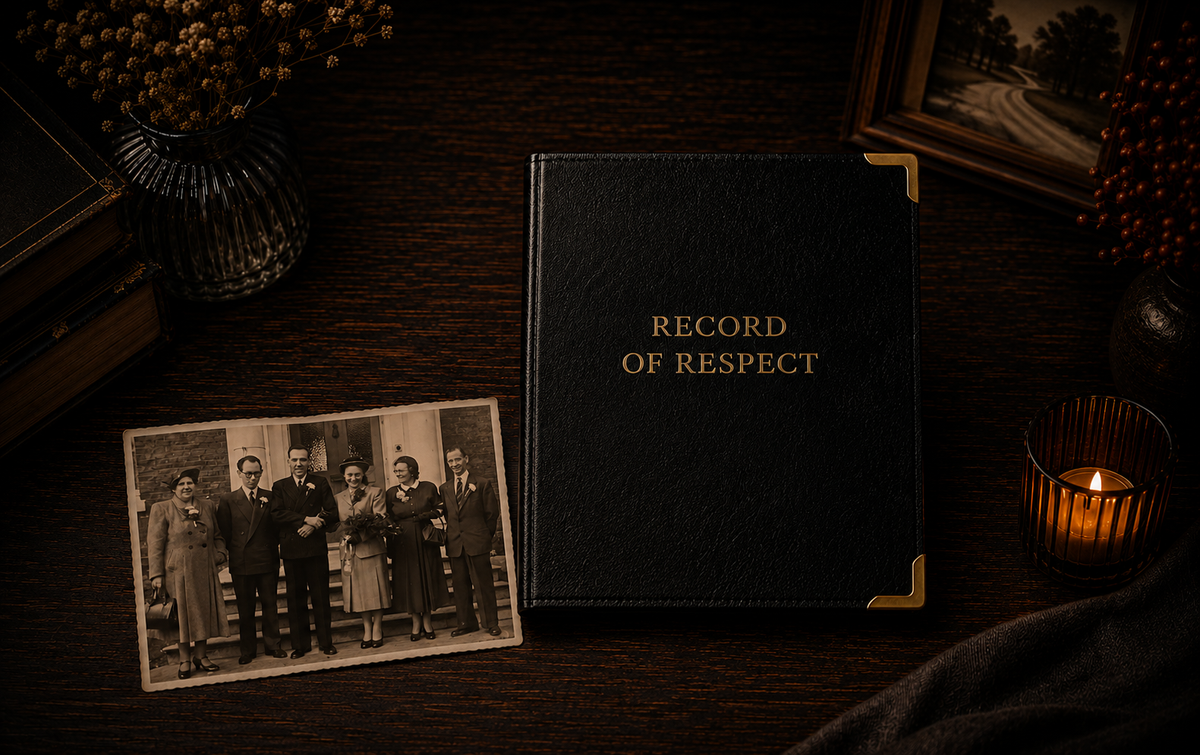 Record of Respect black leatherette memory album with gold corners and gold foil title, standing on a dark wooden table beside a stem of dried flowers and a lit candle