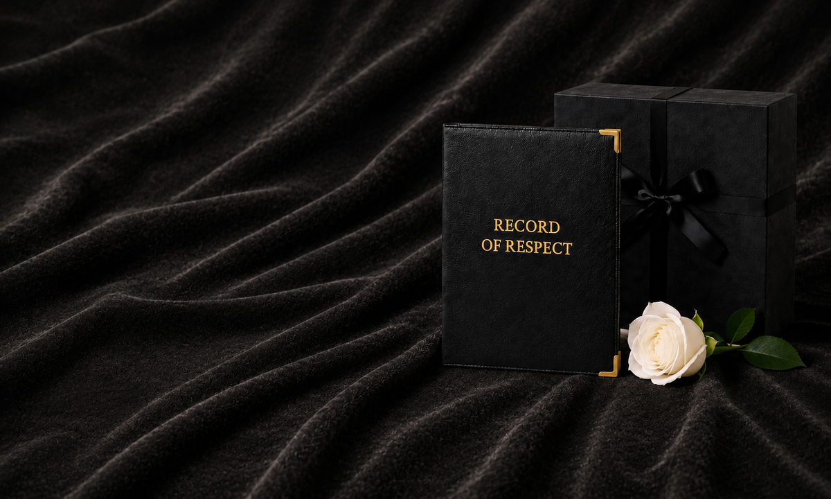 Record of Respect black leatherette memory album with gold corners, beside its black keepsake gift box tied with a black ribbon and a white rose, on cream velvet