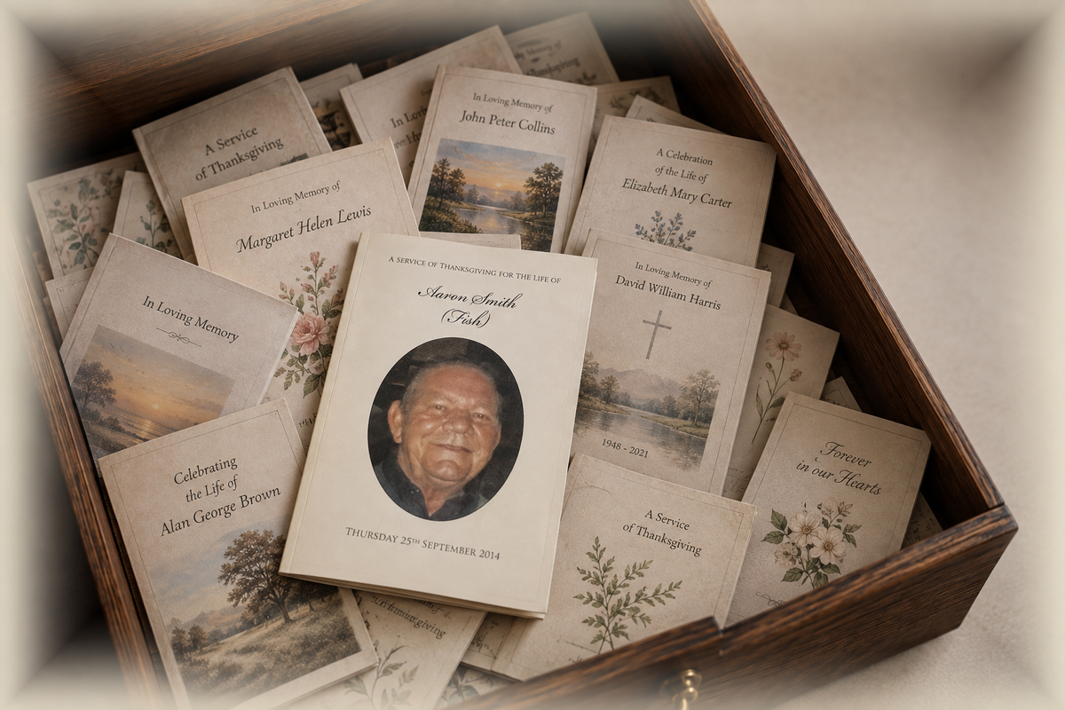 An open wooden drawer filled with funeral Order of Service booklets, memorial cards, a small Holy Bible and handwritten notes
