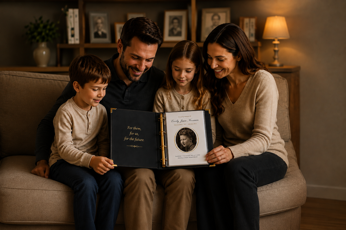A family of four sitting together on a sofa, looking through an open Record of Respect memory album