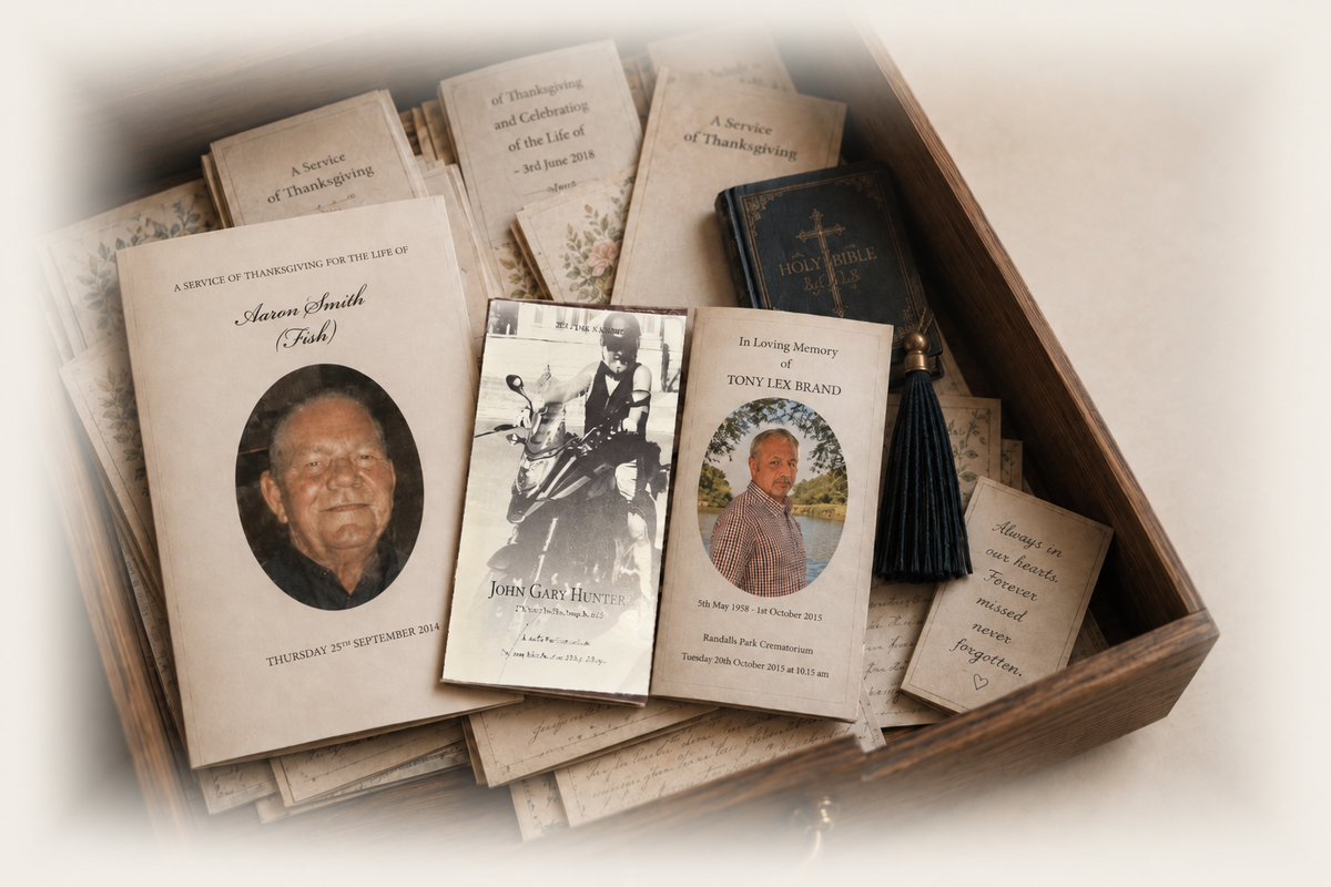 An open wooden drawer filled with funeral Order of Service booklets, memorial cards, a small Holy Bible and handwritten notes