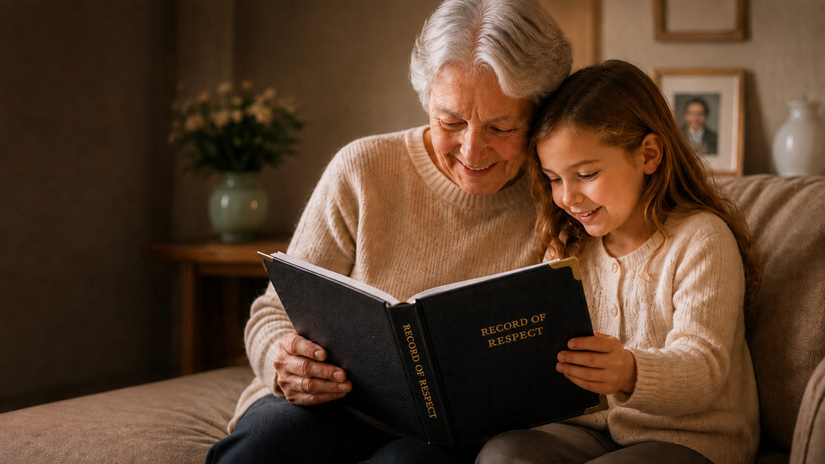 A grandmother and young granddaughter sitting close together, reading the black Record of Respect keepsake album with gold lettering