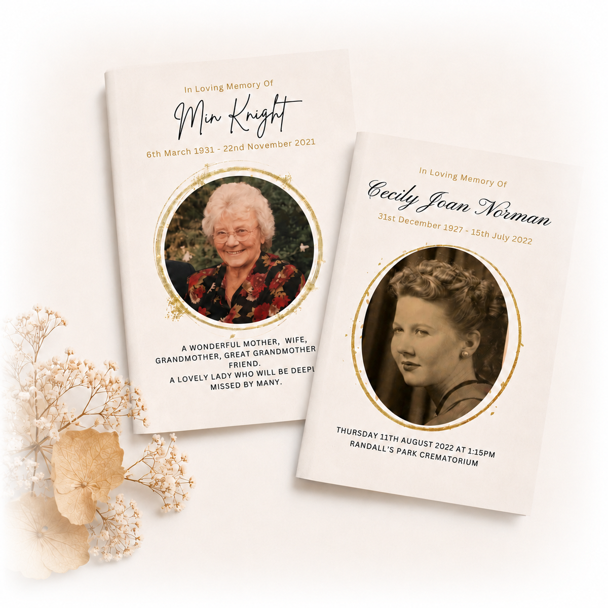 Two order of service booklets with sepia portrait photographs and gold detailing, arranged beside dried hydrangea and gypsophila