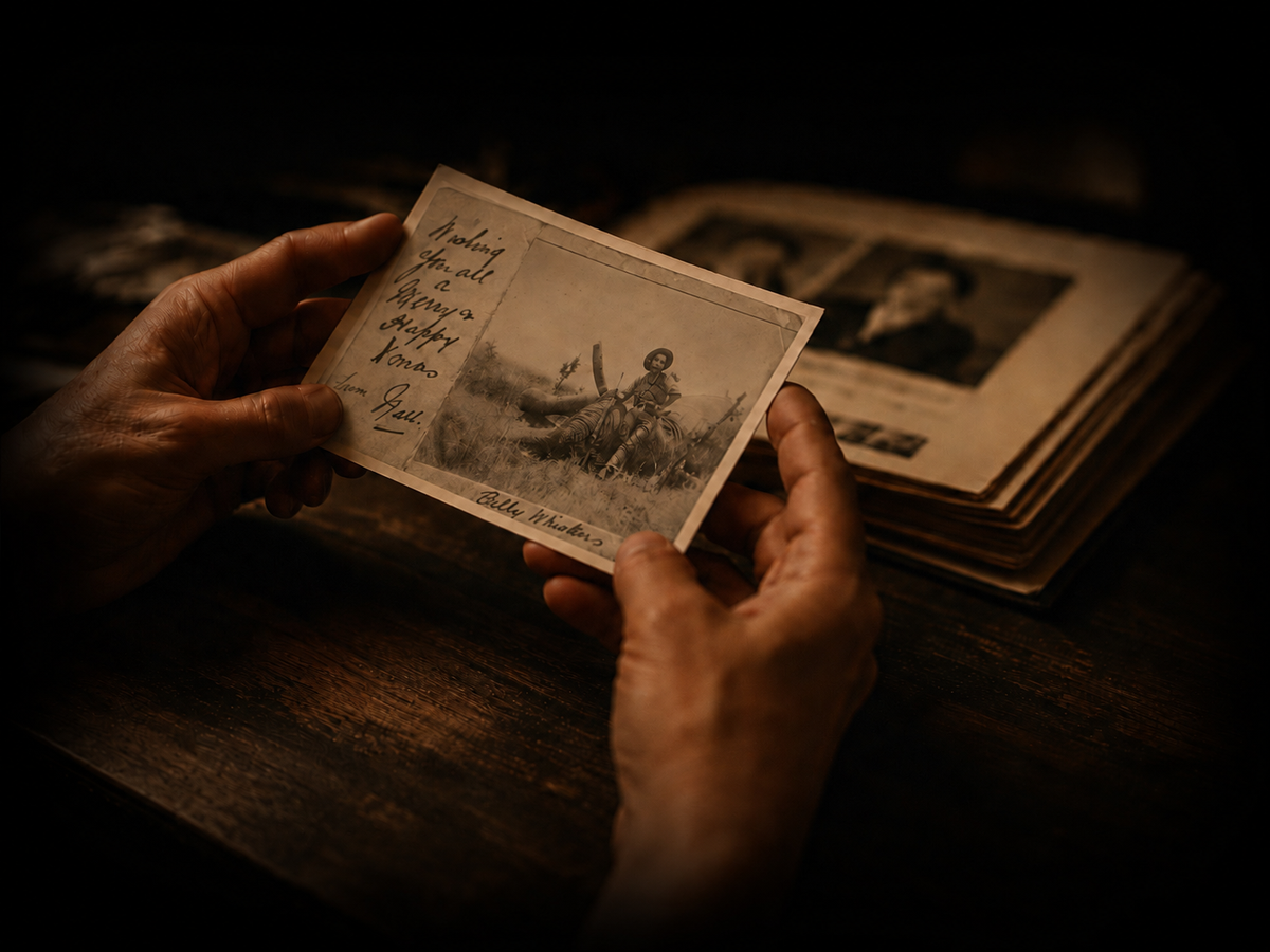 A pair of hands holding an old sepia photograph above an open family album