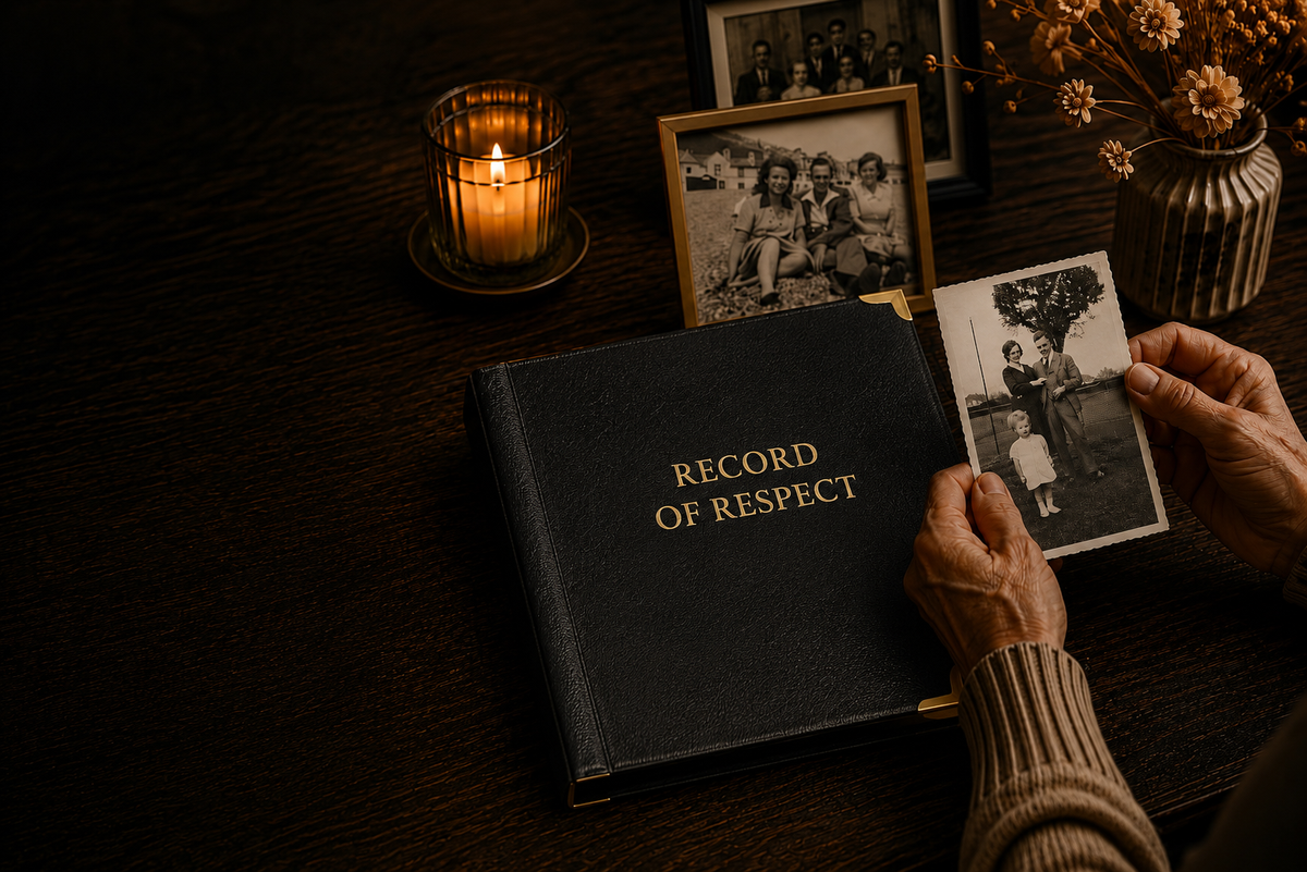 A person's hands holding a vintage sepia portrait beside a black Record of Respect album, a lit candle and framed family photographs on a dark wooden table
