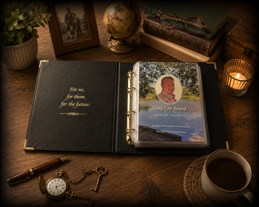 The Record of Respect keepsake box wrapped in black tissue with the gold seal, in its gift box