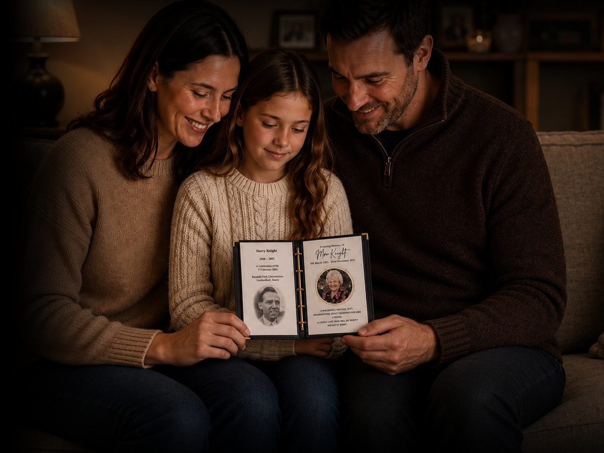 A family of four sitting together on a sofa, looking through an open Record of Respect memory album