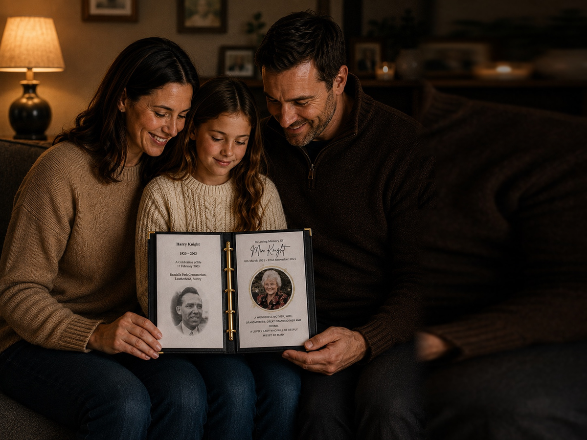 A mother, father and young daughter sit close together on a sofa, looking down at an open Record of Respect memory album resting across their laps