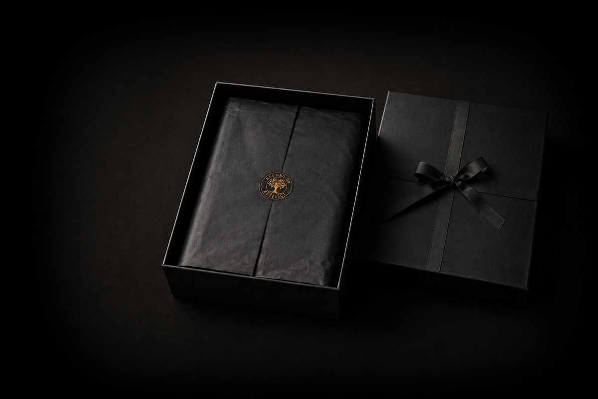 An open black keepsake gift box holding the Record of Respect album wrapped in black tissue with a gold seal, beside its lid tied with a black ribbon