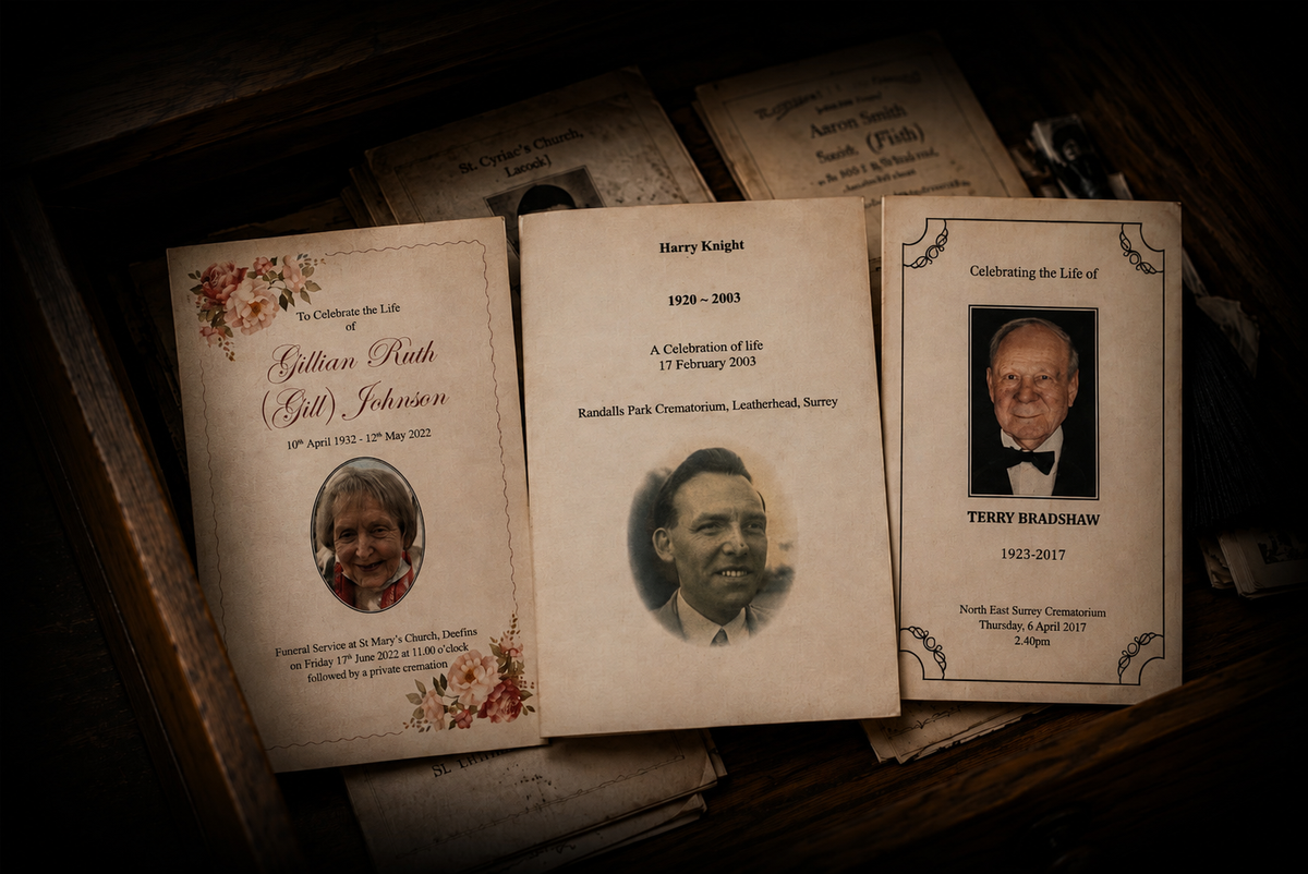 A wooden drawer holding several funeral Order of Service booklets, each remembering a loved one