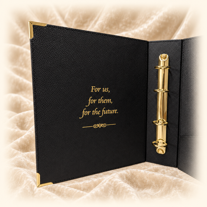 Open Record of Respect album showing gold ring mechanism, gold corner protectors and the gold-foil inscription “For us, for them, for the future”